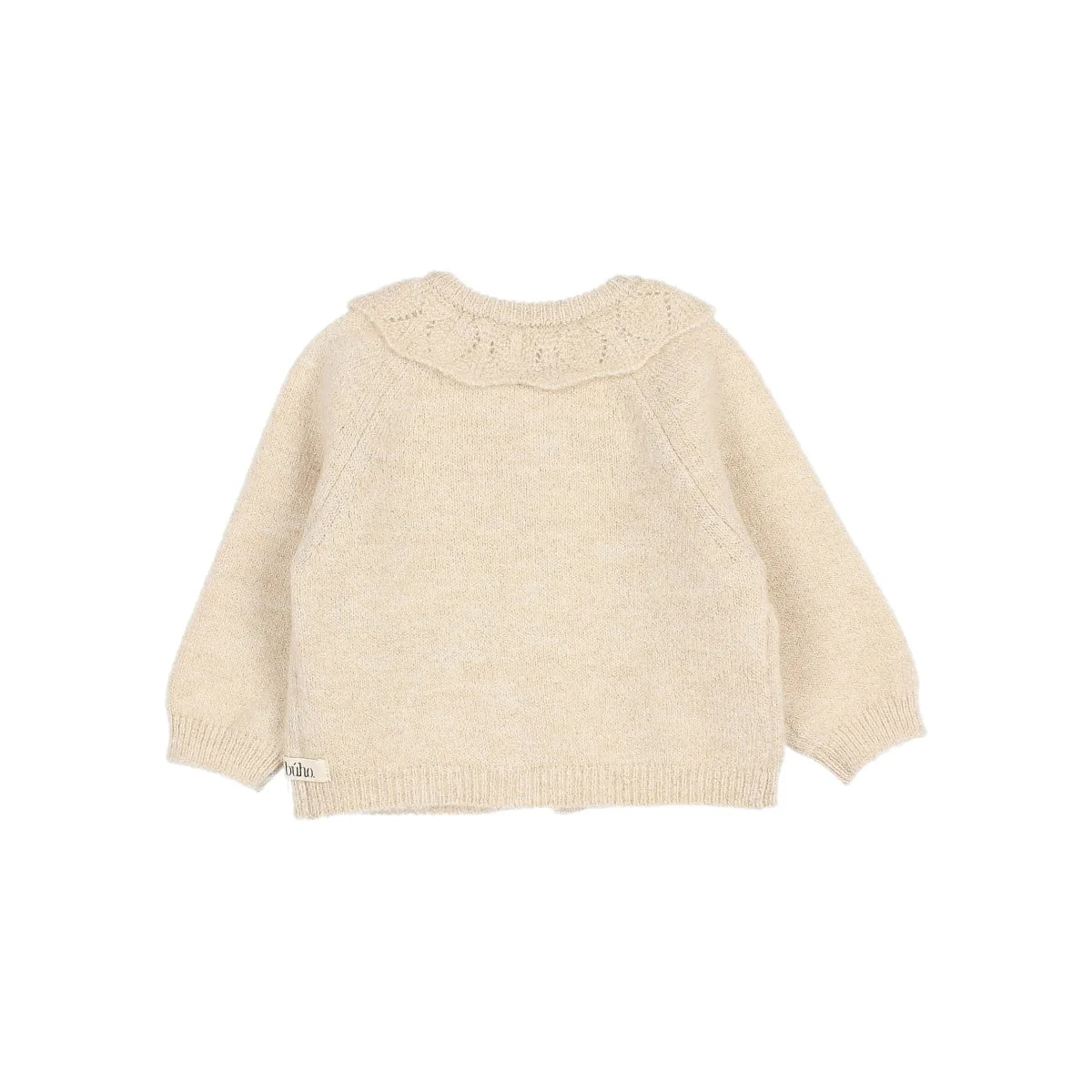 Heller cremefarbener Strickcardigan mit Rüschenk collar für Baby Lurex Produkt