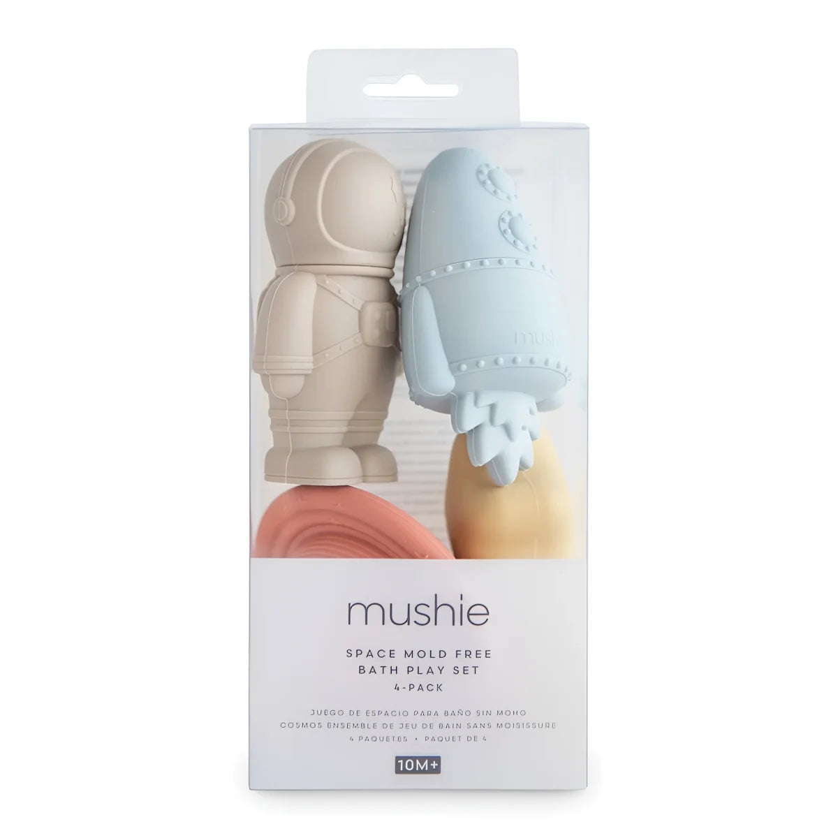 Mushie badespielzeug space mit beige astronaut und hellblauer rakete aus schimmelresistentem silikon