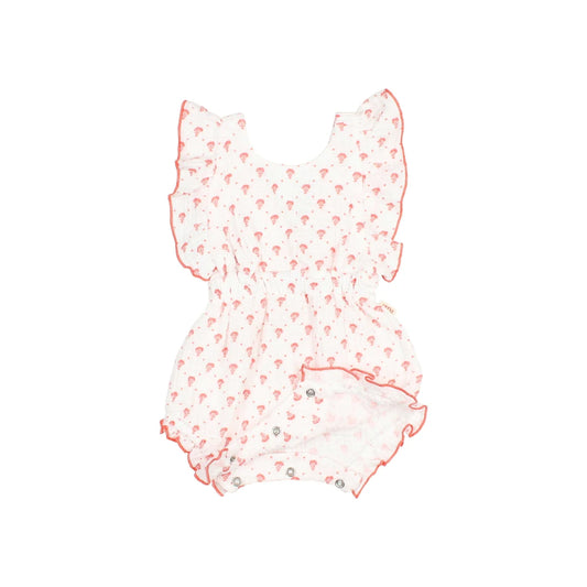 Bali Romper Coral: weißer Babyoveralls mit rosa Ballonprint und Rüschen