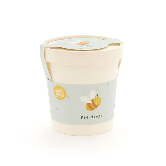 Pastellblauer und cremefarbener bee happy becher mit bienenmotiv ideal für ökologische baby- & kinderprodukte
