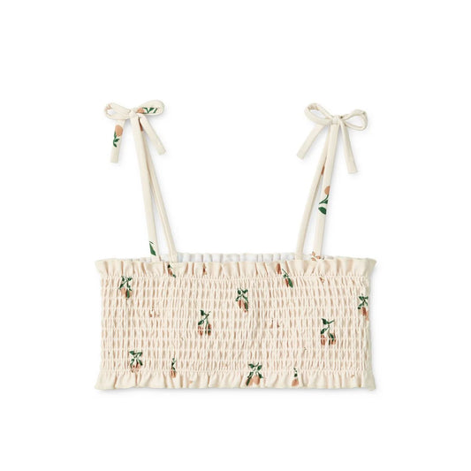 Cremefarbener, gesmokter Crop-Top mit floralen Stickereien und Bindebändern