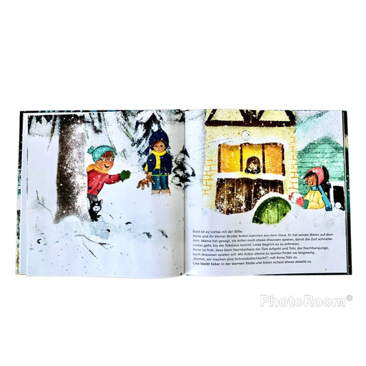 Illustration aus Bilderbuch wo bleibt nur der Nikolaus mit Kindern im Winterspiel