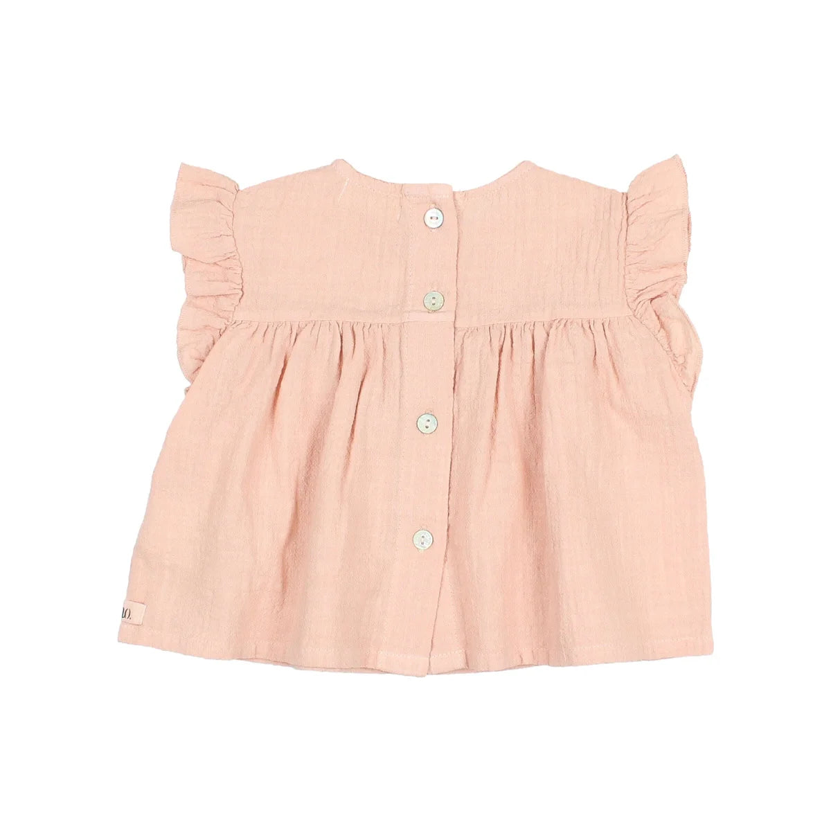Rosa Rüschenbluse mit Knopfverschluß und Raffung im Boho-Stil