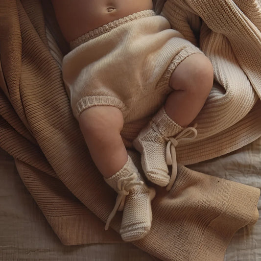 Babylegs in gestrickten Stiefeln auf einer weichen Decke, Creme Booties