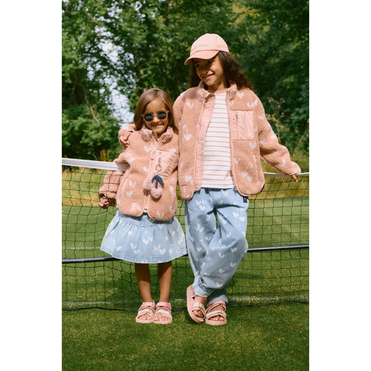 Rosa Shearling-Jacke mit Herzstickerei, Anker-Charm, lockere Passform