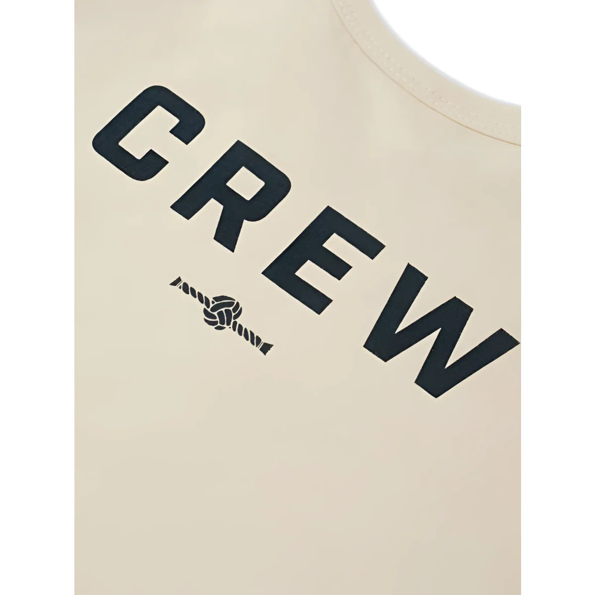 Cremefarbene boxy t-shirt crew mit schwarzer crew-schrift und tauknoten-logo unter dem schriftzug