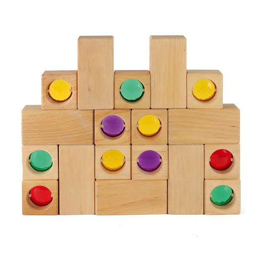 Bunte Holzbausteine Puzzle mit Knöpfen und Drehknöpfen, 50 Stück