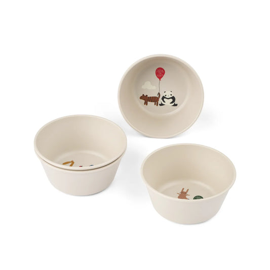 Weiße Keramikschalen mit verspielten Tierillustrationen im Cees Bowl 4-Pack Around the World Sandy