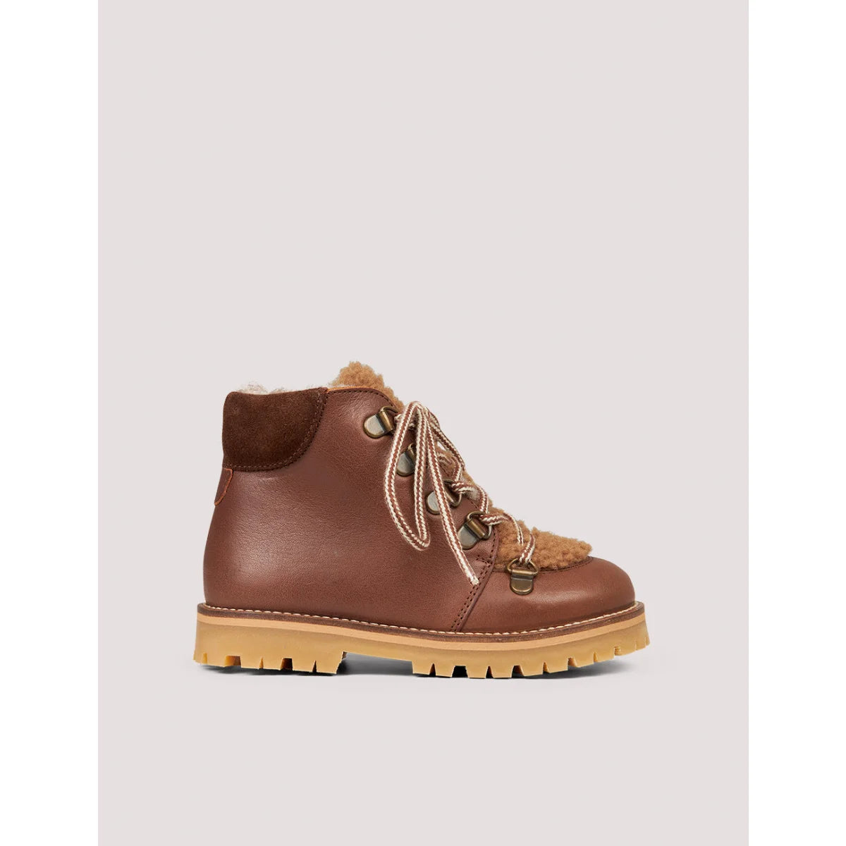Braune Lederstiefel mit Schnürung, Faux-Fellfutter und -Kragen für den Winter