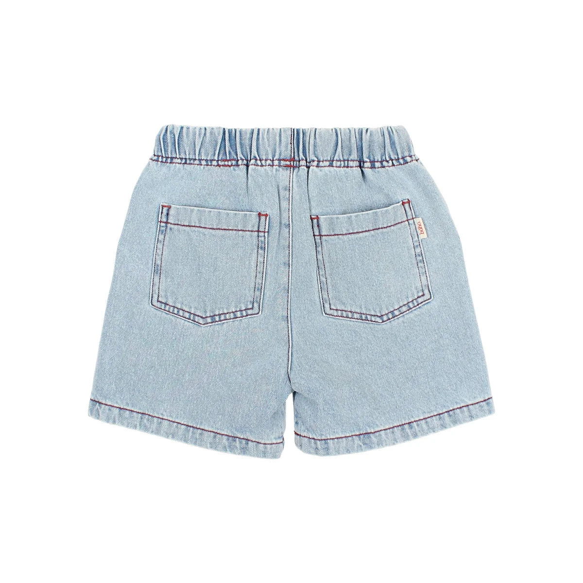 Denim Bermuda: Hellwasch-Jeansshorts mit elastischem Bund und roter Naht