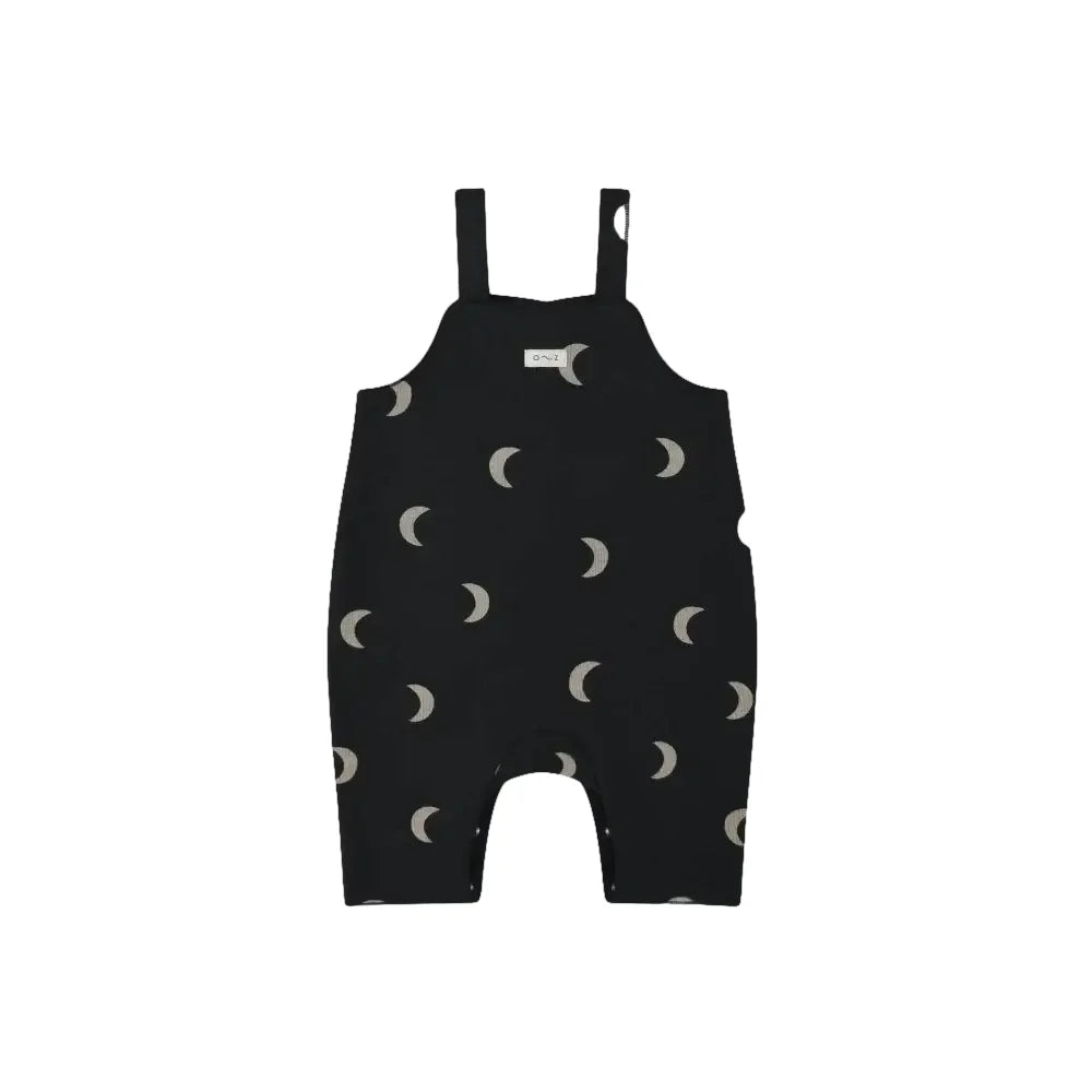 Schwarzer Baby-Romper mit Mondmuster, Dungarees Latzhose in Charcoal Midnight