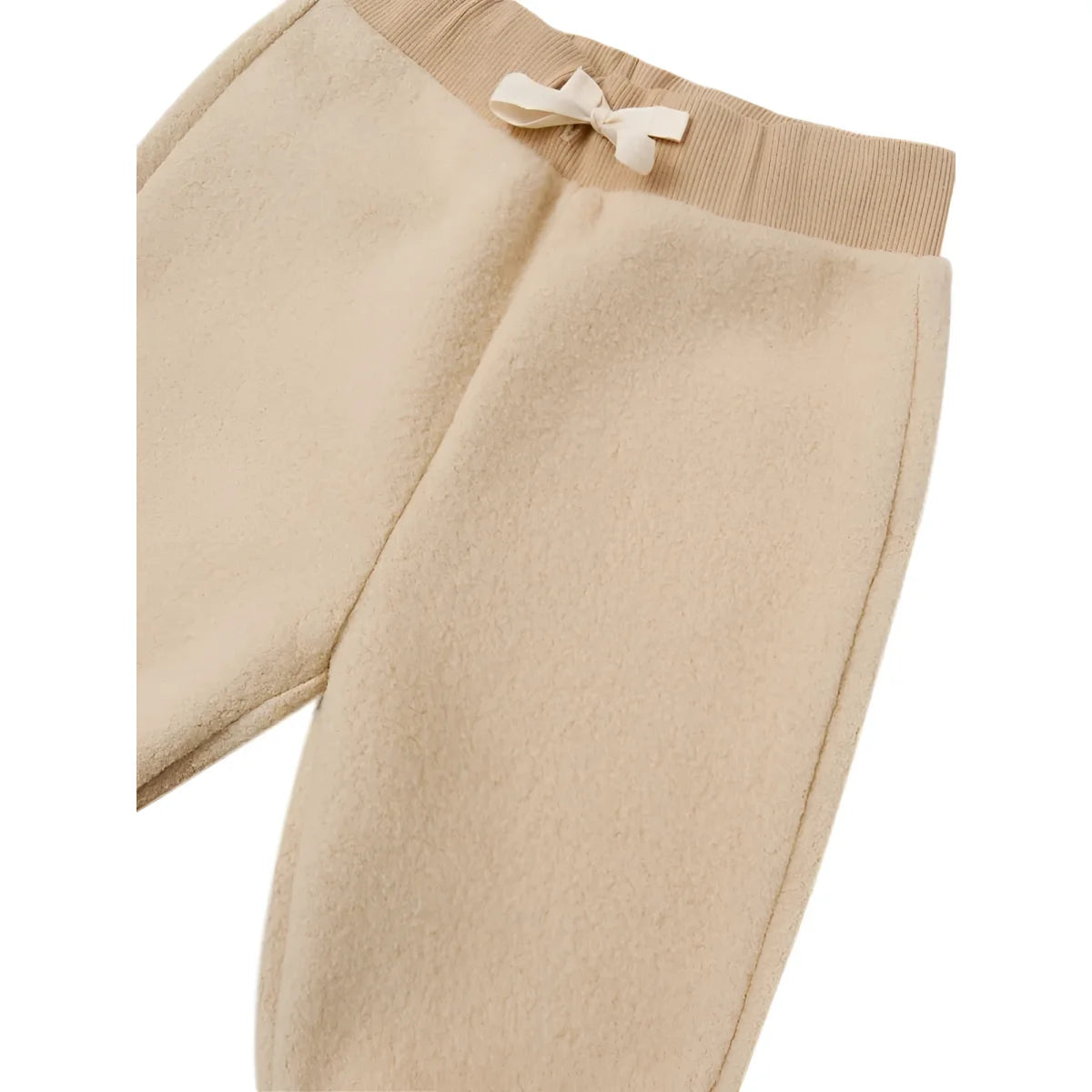 Beige Fleece Sweatpants in Warm Sand with elastic waistband and bow detail