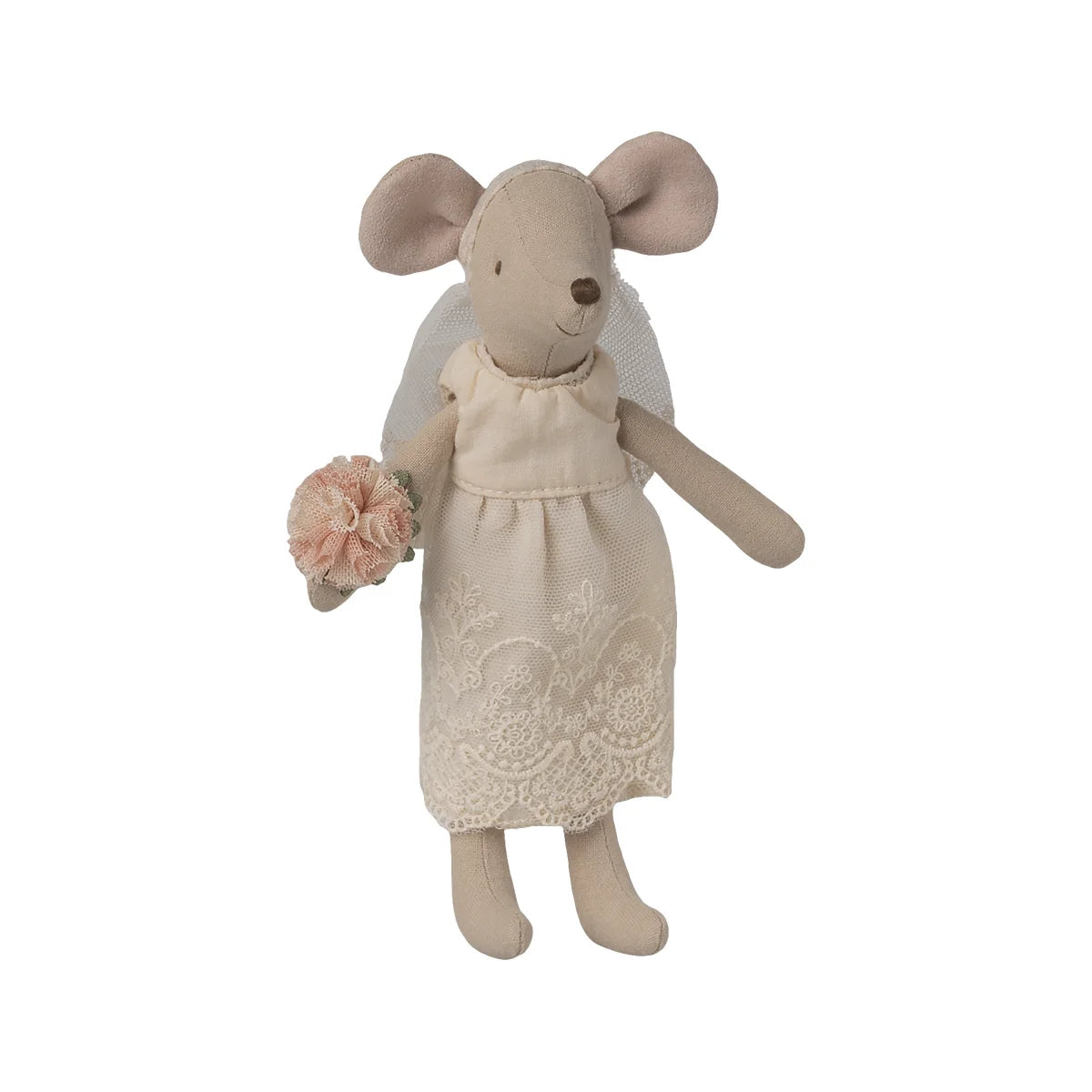 Hochzeitskleid mama maus weicher beiger maus puppe in zartem spitzenbrautkleid mit schleier und rosa blumenstrauß