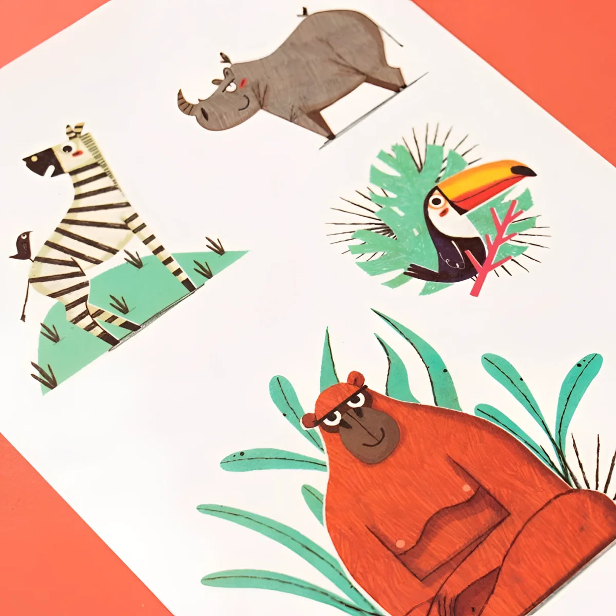 Stilisiert Illustration von Dschungeltieren für Jungle Tattoos, einschließlich Rhino, Zebra, Tukan und Orang-Utan