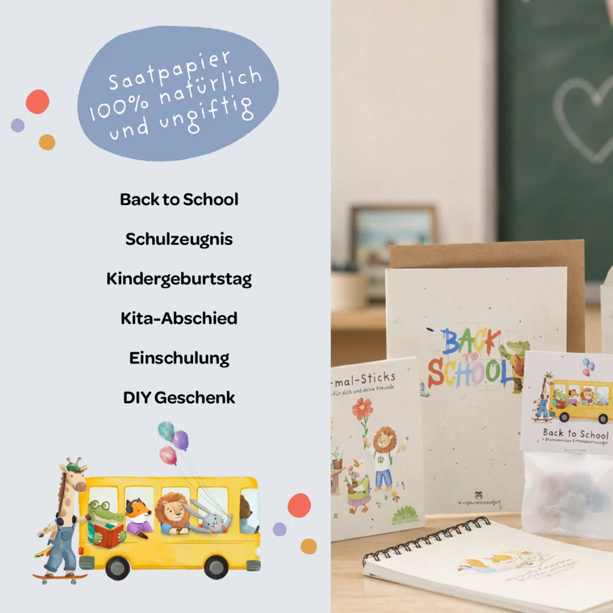 Gelbes schulbus samenpapier geschenkset mit bunten cartoon-tieren und back to school text nachhaltig und ökologisch
