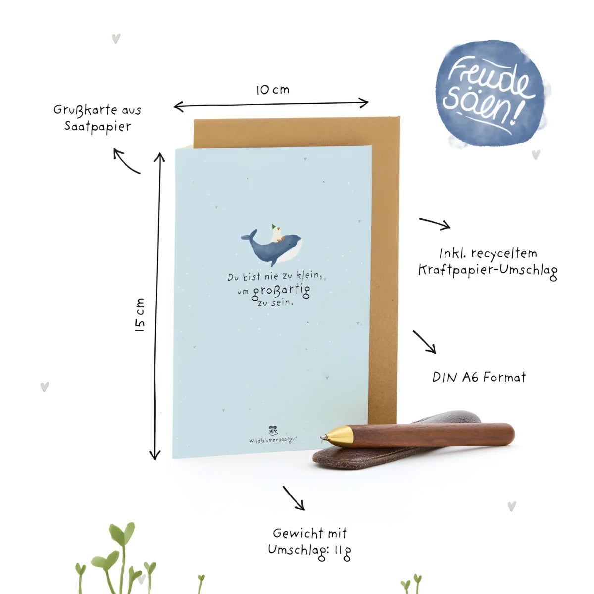 Karte du bist nie zu klein um großartig zu sein lichtblaue samenpapier grußkarte mit walillustration 10x15 cm