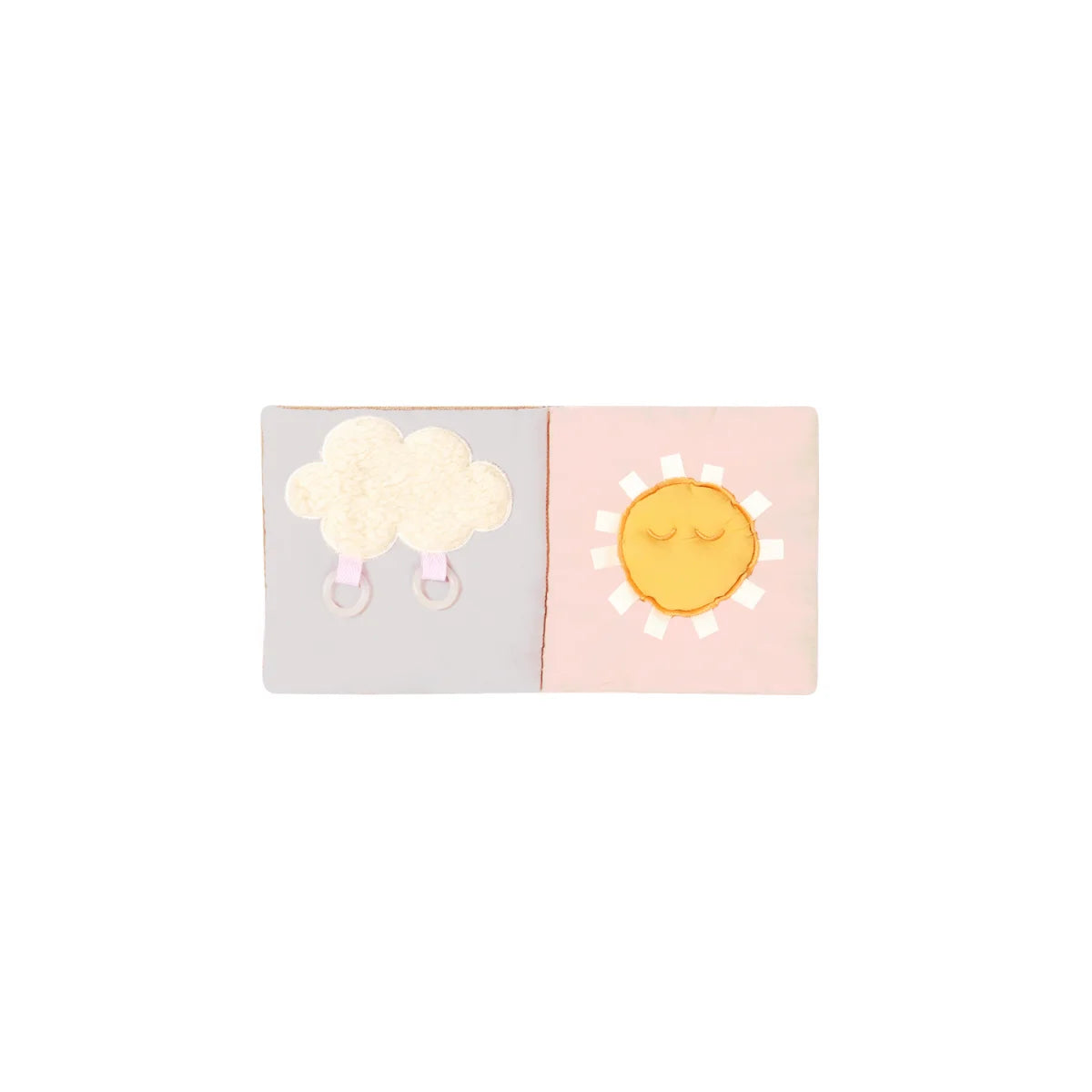 Pastellfarbiges knisterbuch butterfly mit bestickten wolken und sonnensymbolen für ökologische baby- & kinderprodukte