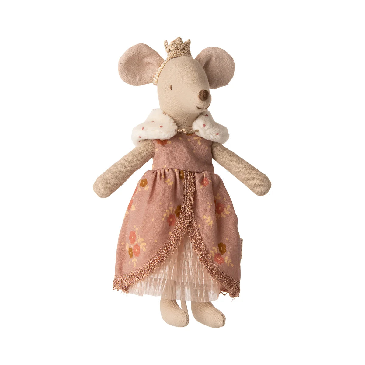 Weiche beige Plüschmaus in rosa Blumenkleid mit Spitze und Krone – Königin Kleid Mama Maus