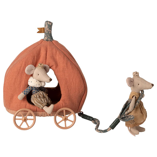 Niedlicher Kürbiswagen mit Maus in elegantem Kleid