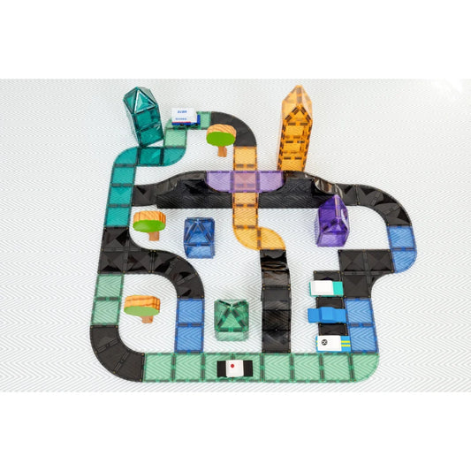 Bunte Magnetbausteine Ramps & Intersections Pack mit Fahrzeugen und geometrischen Formen