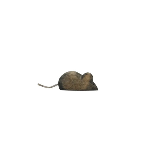 Dunkelbrauner Holzmaus-Figurine mit grauem Schwanz, Produktname Maus