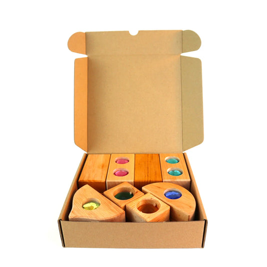 Holzbauklötze mit bunten Edelsteinen in einer Pappschachtel für Mini Mix Box 16 stk