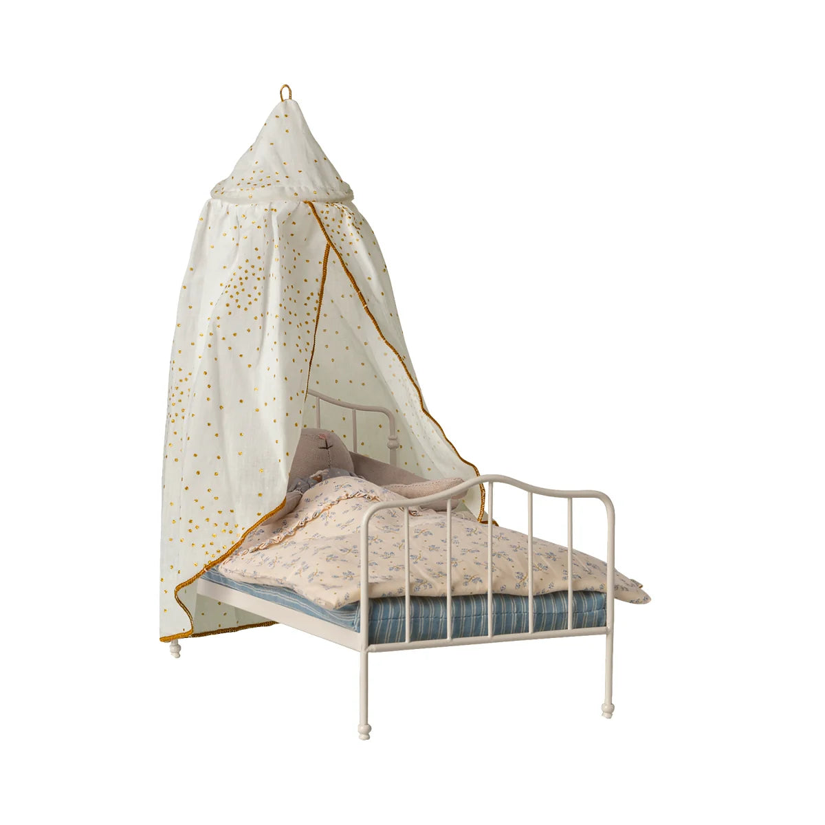 Weißes metall toddler betthimmel mit zartem sternenmuster und goldbesatz, ideal für ökologische baby- & kinderprodukte