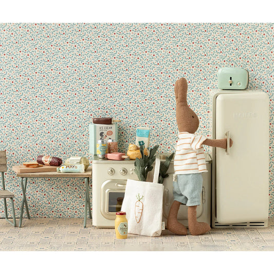 Miniatur-Einkaufsbox Maile: Cremefarbener Minikühlschrank mit hellblauem Toaster