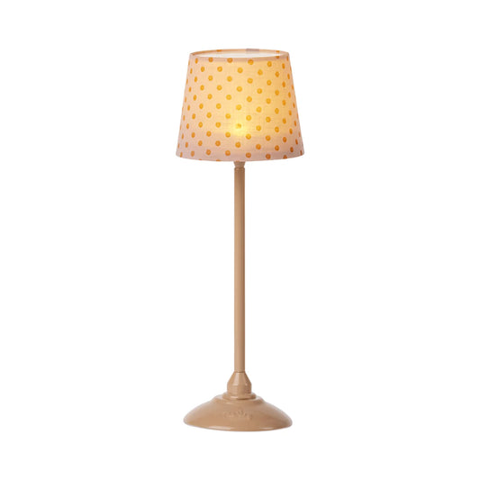 Tischlampe mit gepunktetem Stoffschirm und Holzfuß in Miniatur Stehleuchte Dunkles Powder