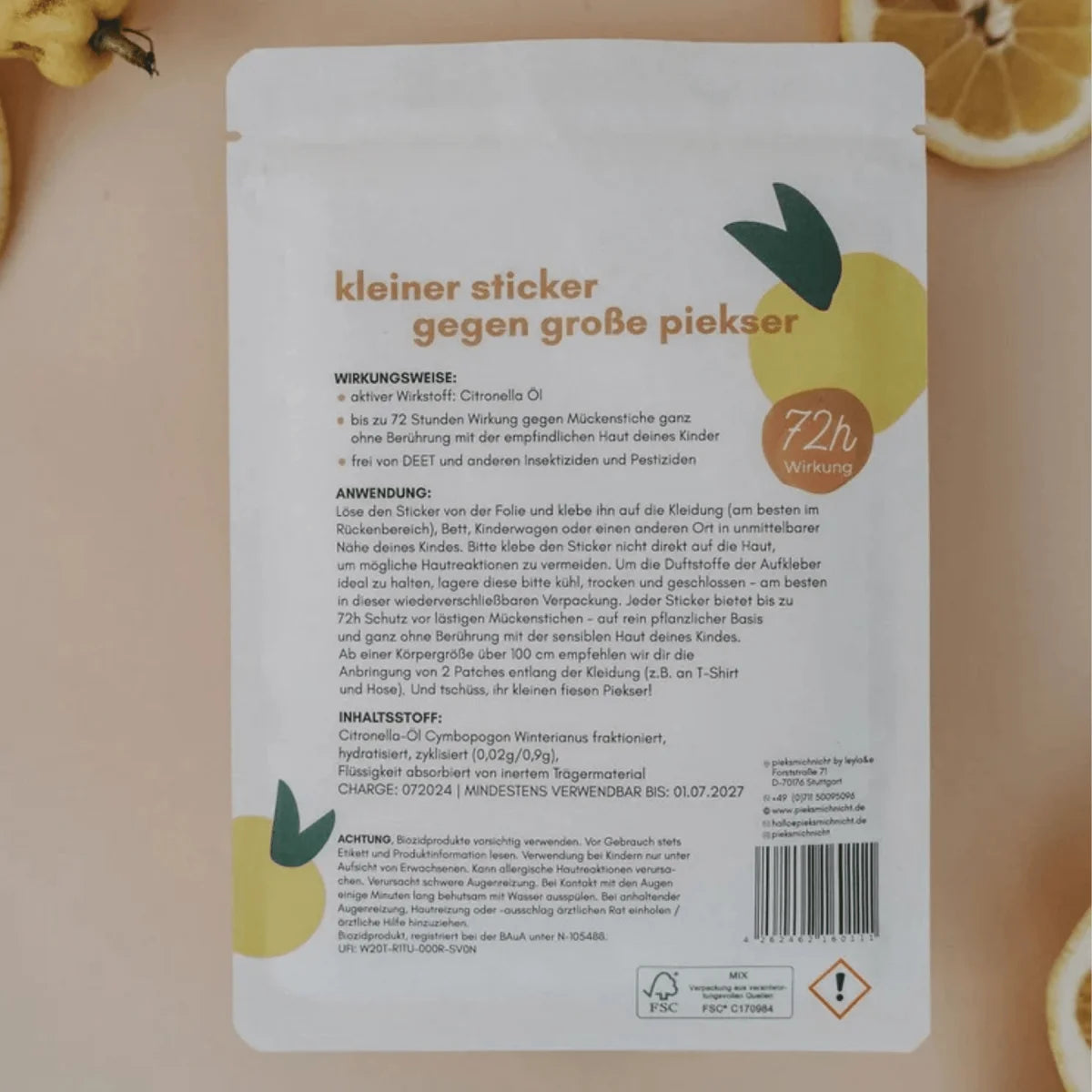 Mückenschutz Cool Kids Club Edition: weißes Paket mit Zitronenmotive und Anleitung
