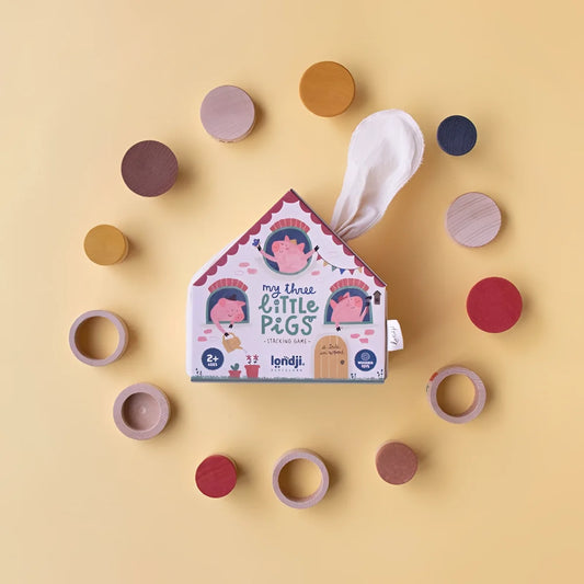 Charmantes Holz-Stapelspiel My Three Little Pigs von Londji mit Haus und bunten Scheiben