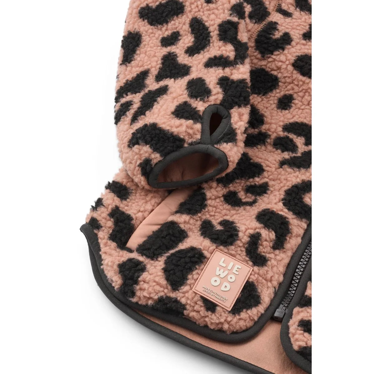 Nolan fleecejacke mega leo pale tuscany in rosa und schwarz mit weichem, kuscheligem leopardfell-print aus fleece