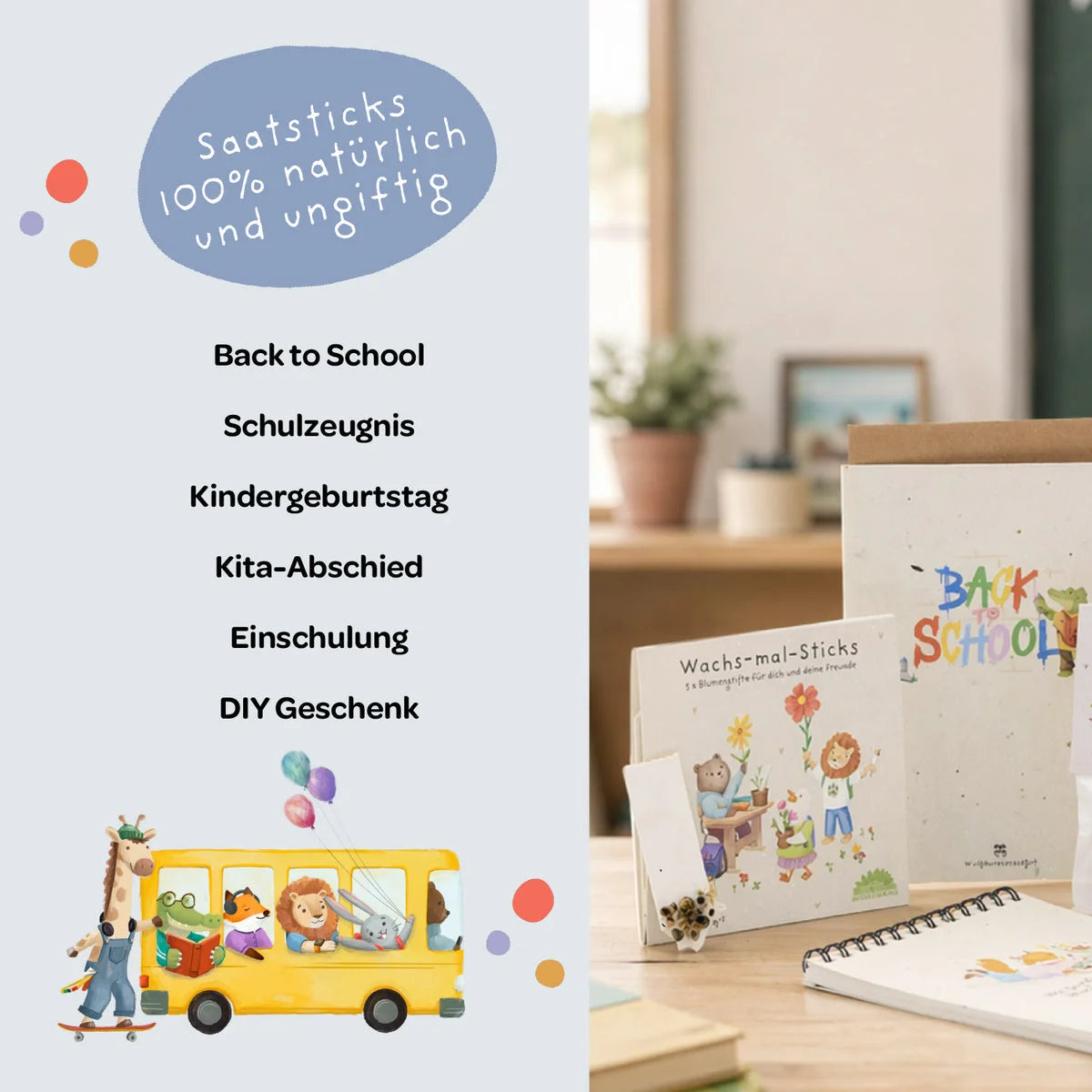 Ein charmant illustriertes kinderbuch wachs-mal-sticks in weißem hardcover mit bunten tier- und blumenmotiven