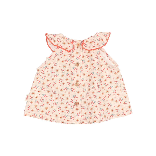 Süße Birnen Kombi Kleid in Pfirsich mit Kirschblüten, Rüschen und Knöpfen