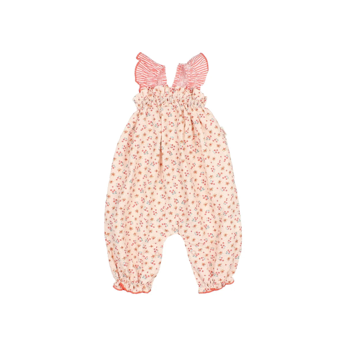 Picnic Jumpsuit Coral: zarte rosa Boho Babyromper nachhaltige Babykleidung