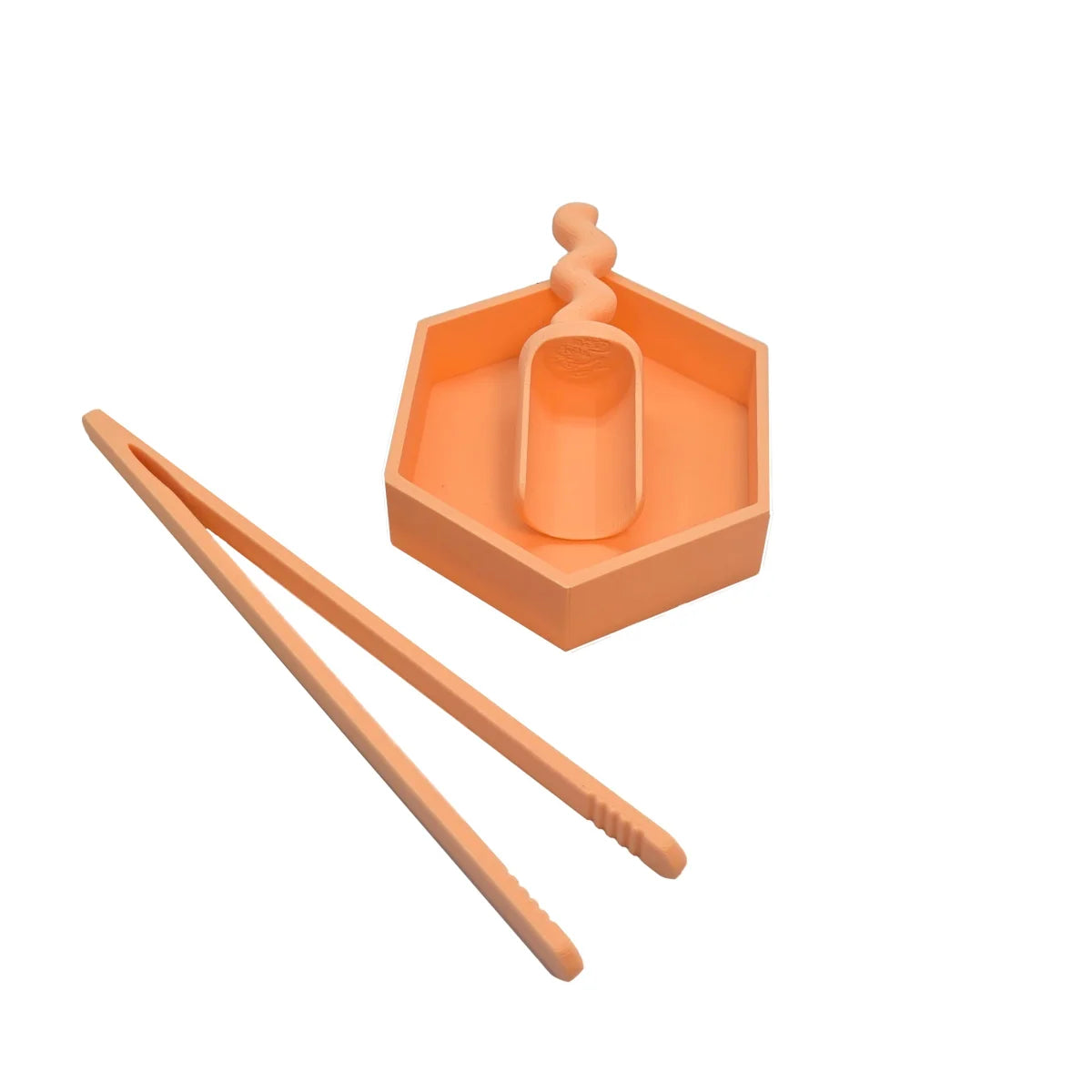 Orange silikon sechseckiges serving tray mit integriertem löffel und passenden zangen ideal für ökologische