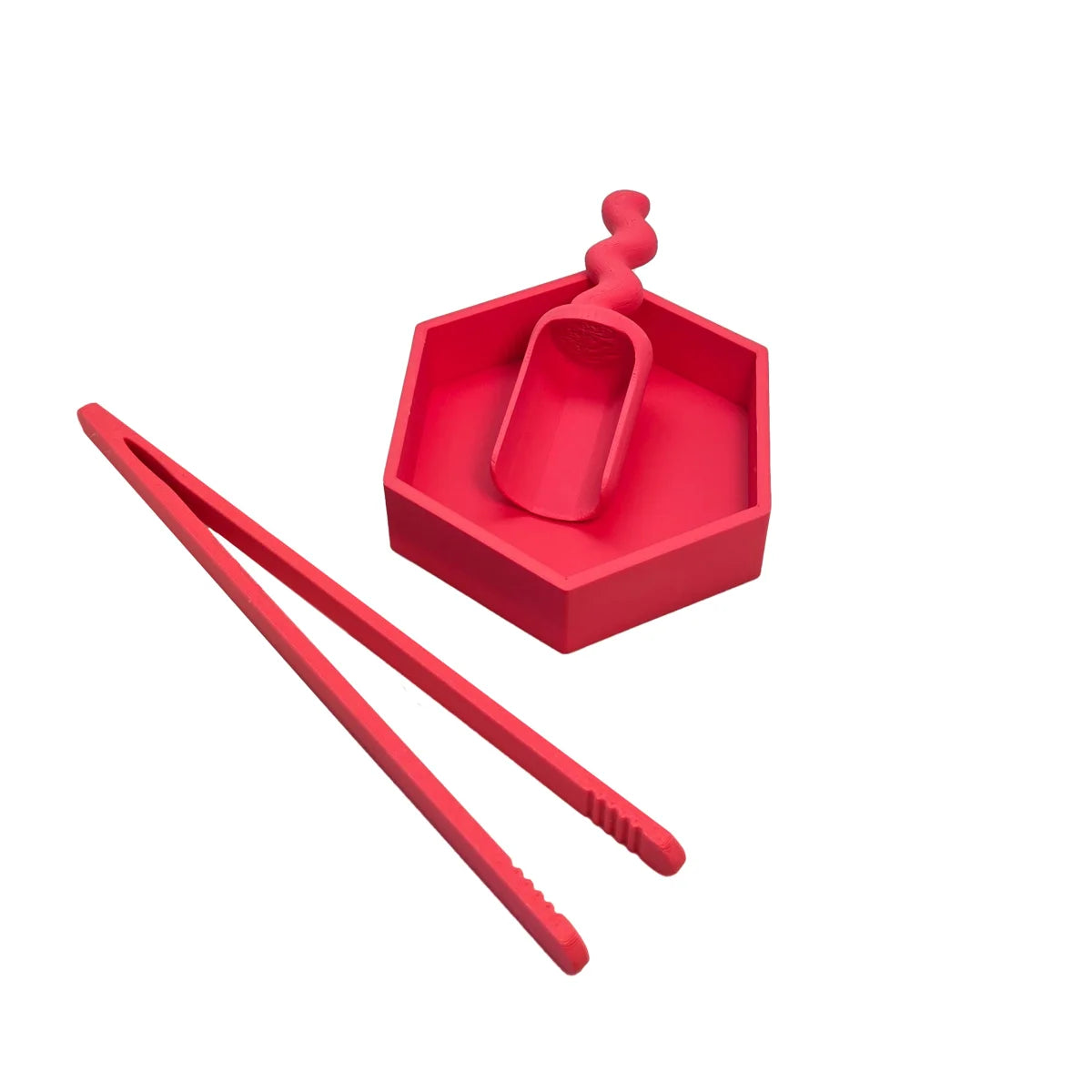 Vibranter roter silikon sechseckiger tray mit integriertem scoop und passenden zangen nachhaltige babykleidung schweiz