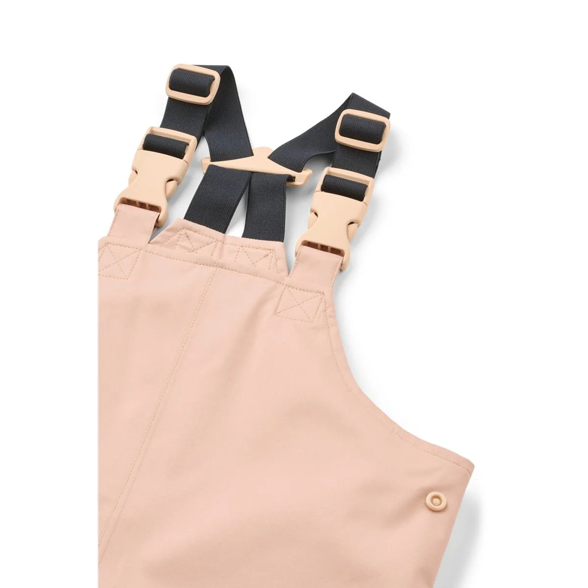 Beige wasserdichte latzhose regenbekleidungsset manu mit schwarzen verstellbaren trägern und tanfarbenen clips