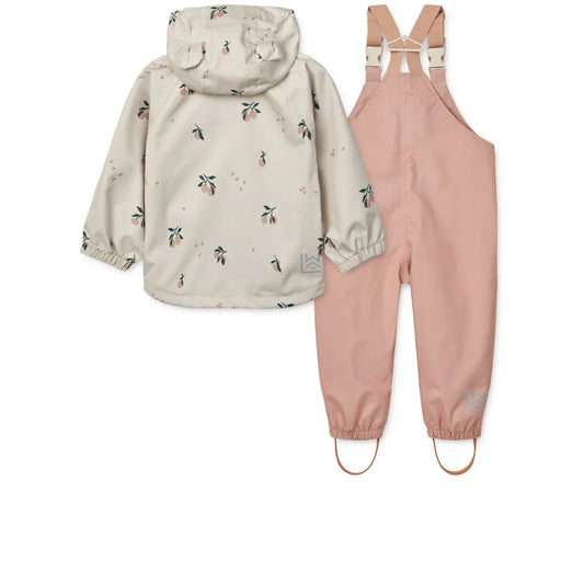 Kinder-Regenbekleidungsset Manu mit floralem Jacke und pinken Latzhosen