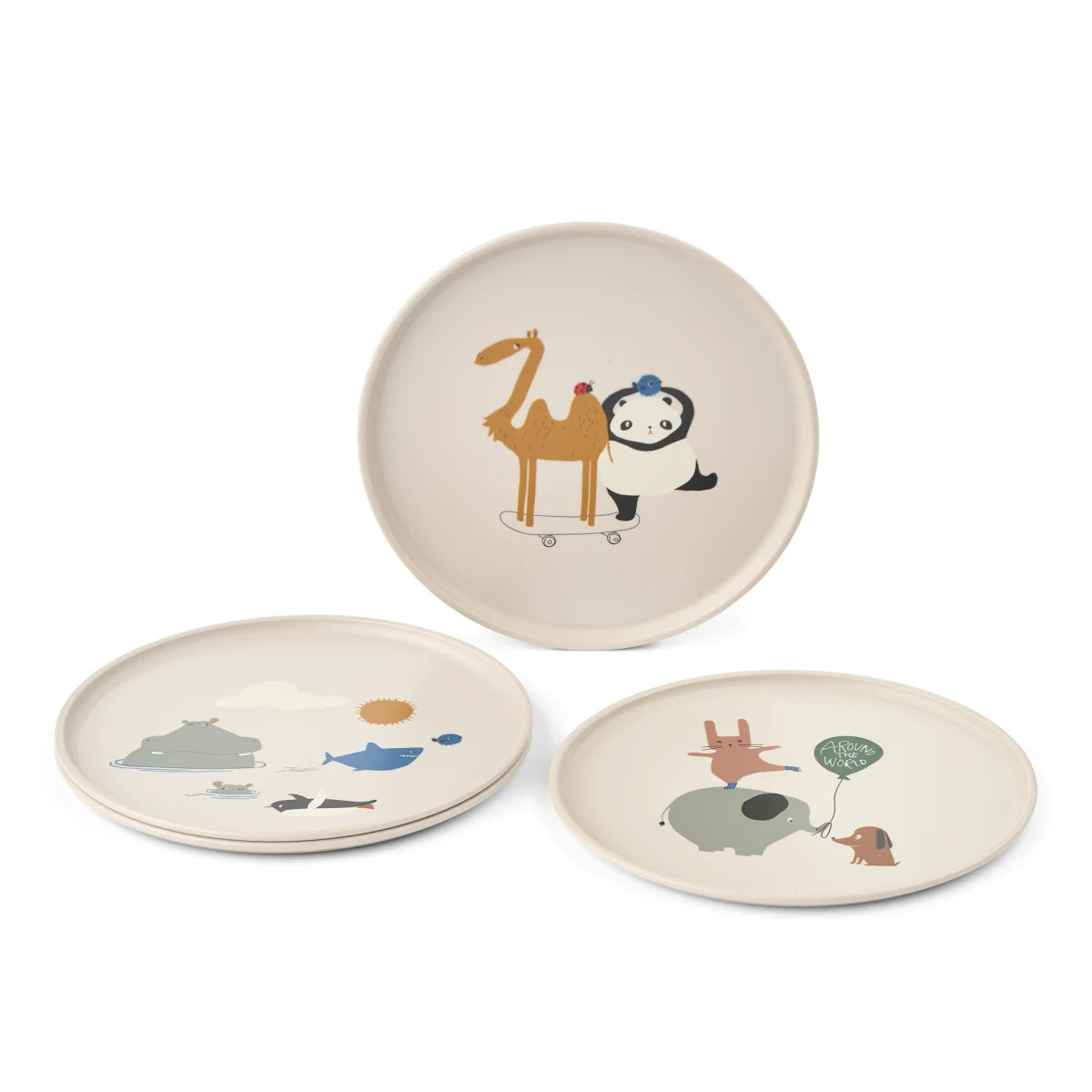 Drei weiße Keramikteller mit verspielten Pastell-Tierillustrationen, Remco 4er-Set Kinderteller Sandy around the world