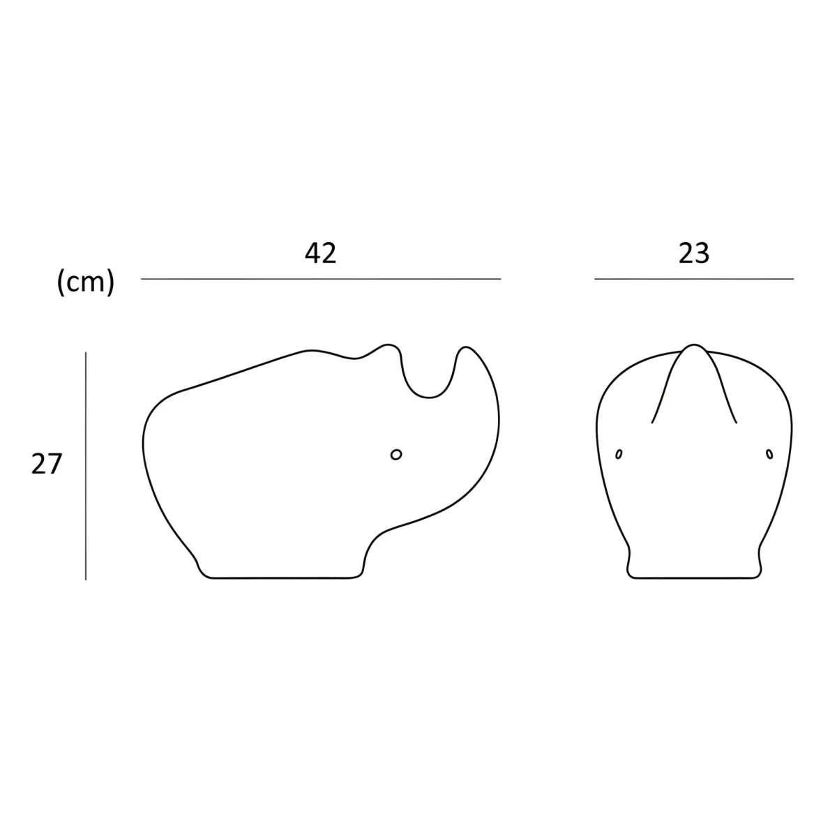 Minimalistisches schwarzlinien-rhinozeros-dekorobjekt in zwei perspektiven mit genauen maßangaben rhino lamp ocean white