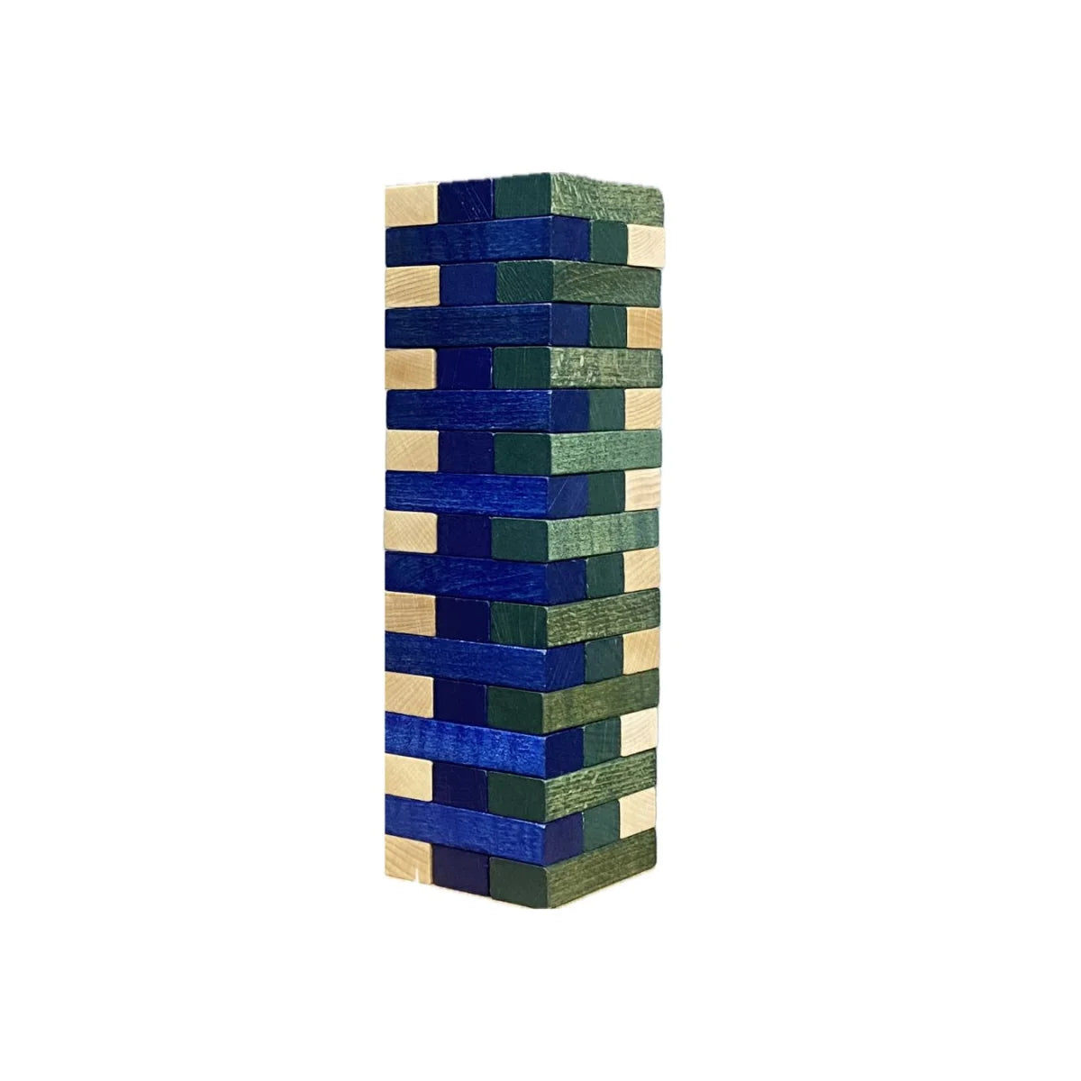 Stapelbarer Turm Stacking Tower Cold aus Holzblöcken in Blau, Grün und Natur