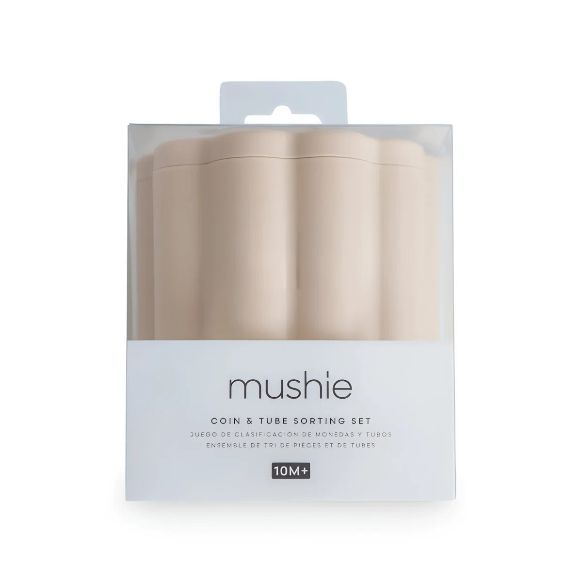 Steckspiel für münzen mit mushie münz- und röhrchenset aus weichem beigem silikon