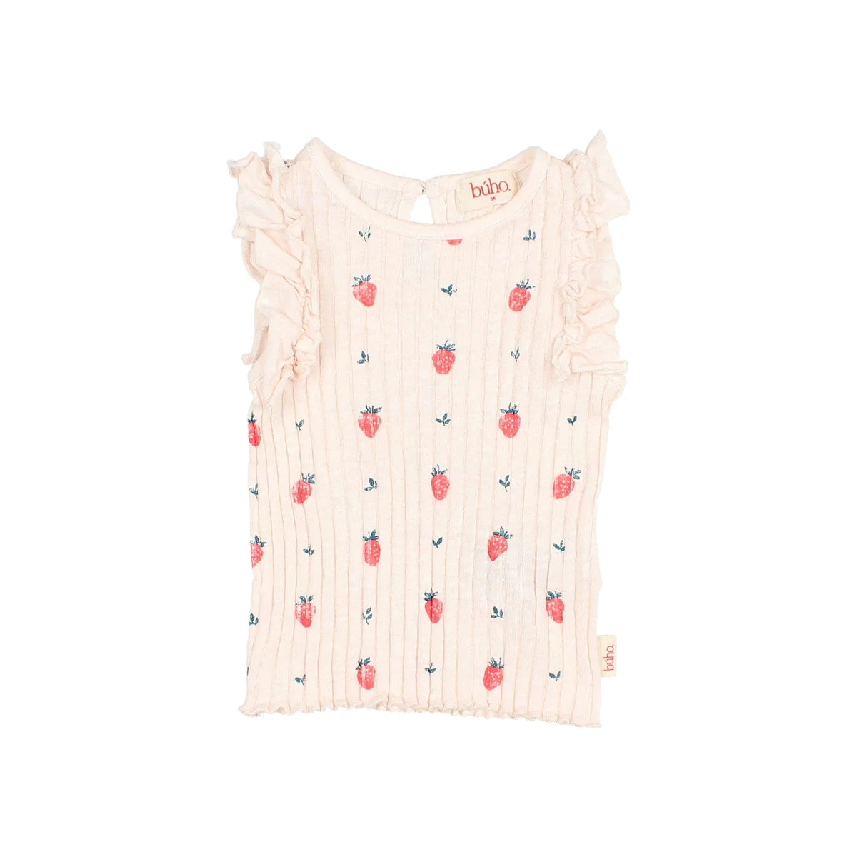 Zarte cremefarbene Rib-Top mit Erdbeerprint, Rüschenschultern, Strawberry T-Shirt