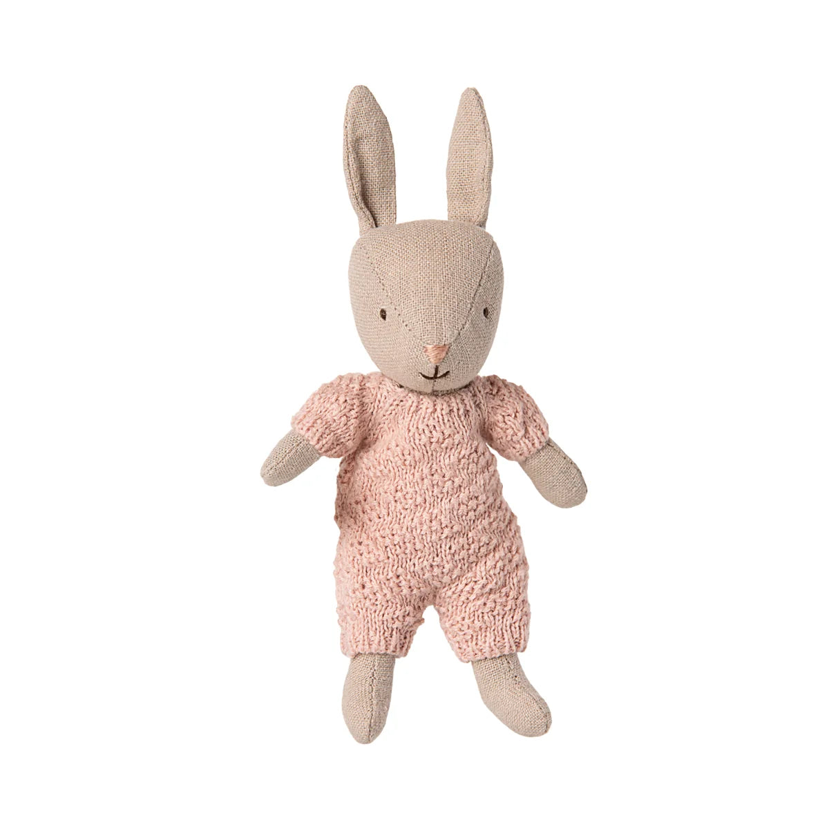 Weiches beigees Mikro-Bunny-Plüschtier im rosa Strickanzug Strickanzug Mikro Rosa