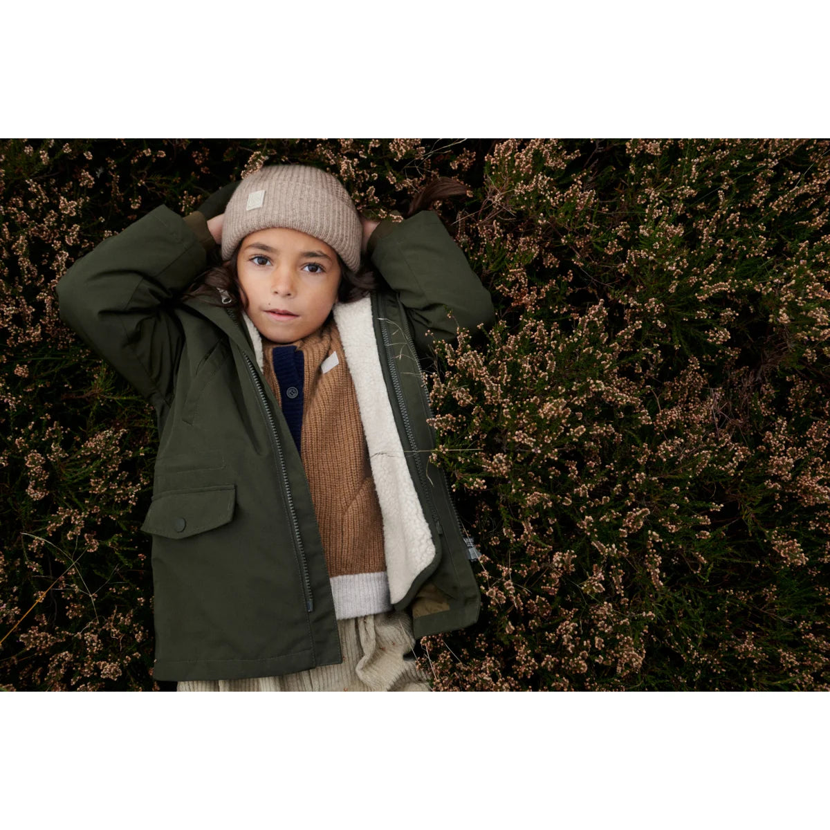 Kinder Olivegrüne Parka mit Cremefleece-Futter aus der Timber 2-in-1 Jacke Army braun Mix