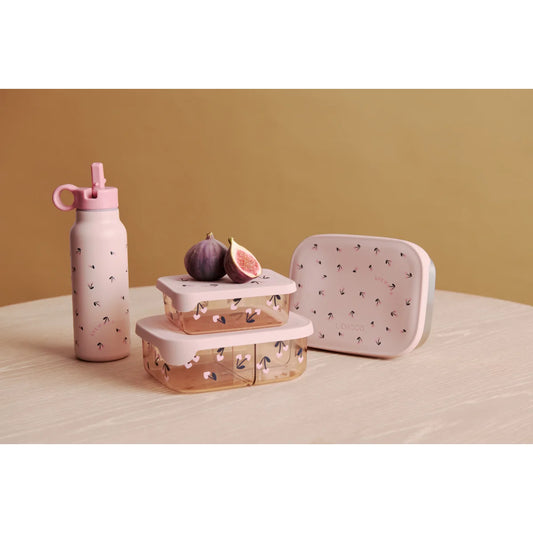 Rosa wasserflasche falk 350 ml mit schwarzem blattmuster und rosa strohhalm mini cherry heart rosey