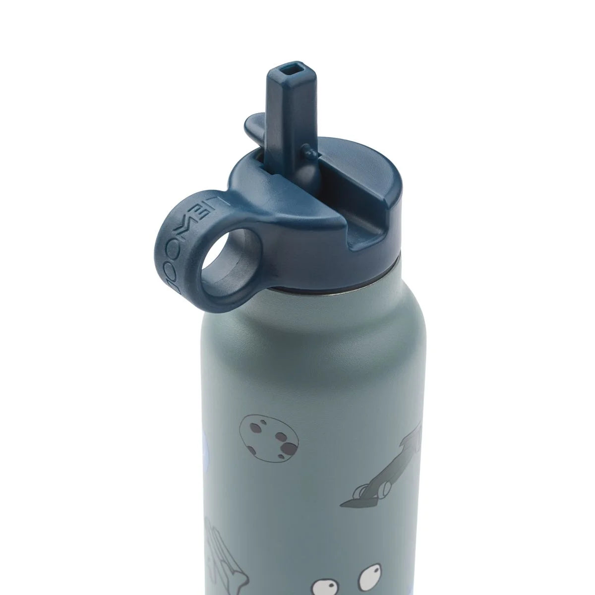 Matte graue isolierte wasserflasche falk 350 ml mit navy blauem trinkverschluss und verspielten weltraummotiven