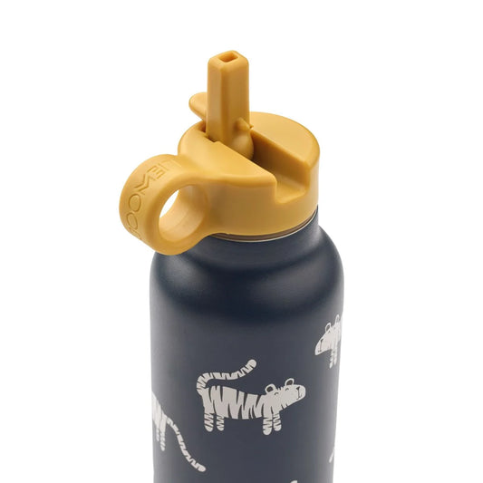 Navy blaue wasserflasche falk 500 ml mit weißen tigerillustrationen und senfgelbem strohhalmverschluss