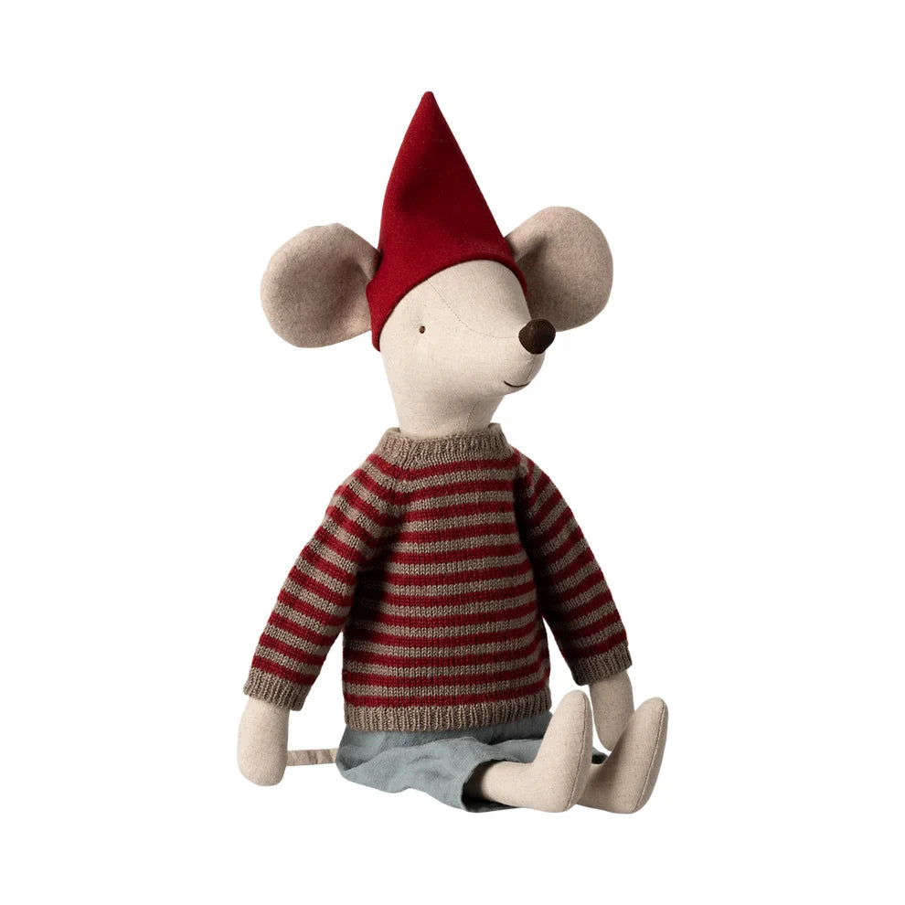 Stoffmaus-Spielzeug in rotem Spitzhut und gestreiftem Pullover von Weihnachtsmaus Maxi